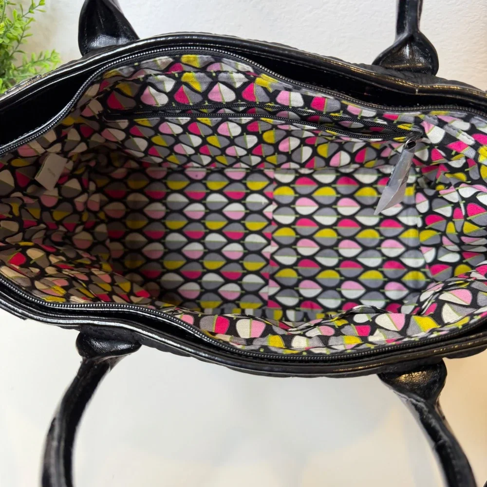Vera Bradley Trapeze Tote Bag Women Black Quilted Patent Trim Classic Minimalist